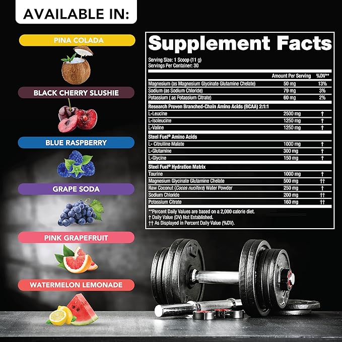 SteelFit Steel Fuel BCAA + Electrolyte Powder | Sugar-Free 2:1:1 Amino Acids Formula | Watermelon Lemonade, 30 Servings | No Crash Workout Hydration, Muscle Growth & Recovery