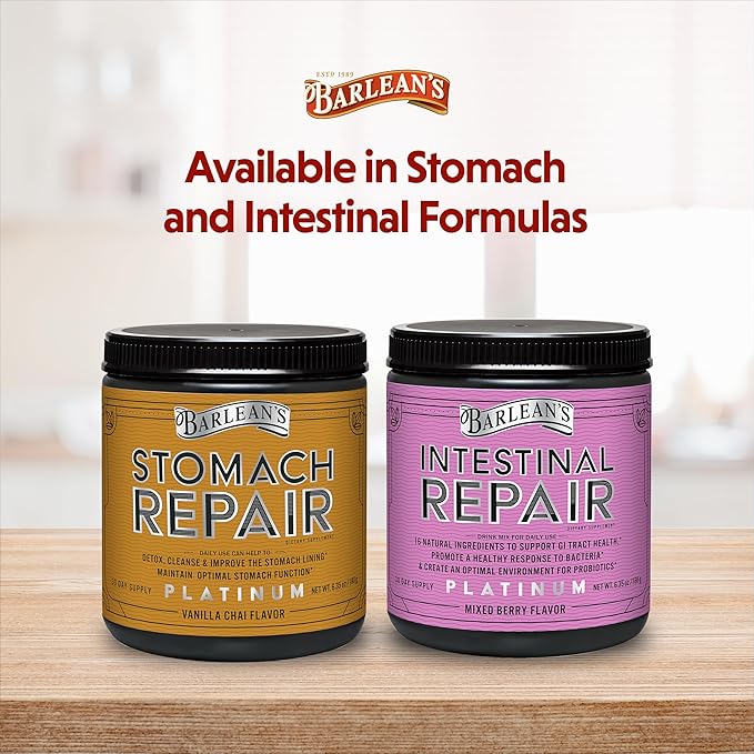 Barlean's Stomach Repair Gut Health Powder Supplement, Fiber and Digestive Support Supplements Blend for Detox and Cleanse, Vanilla Chai Drink Mix, 6.35 oz