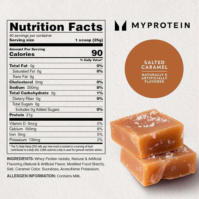 Myprotein Impact Whey Protein Isolate, 2.2 Lbs (40 Servings) Salted Caramel, 21g Protein & 6g BCAA Per Serving, Gluten-Free, Protein Shake for Muscle Strength & Recovery