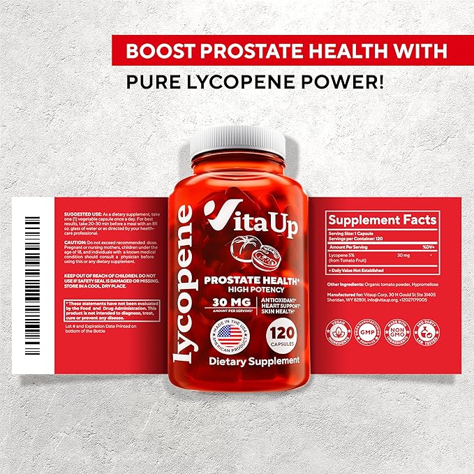 Lycopene Supplement - USA Made Lycopene 30mg - Lycopene Supplements for Men - Prostate Supplements for Men - Lycopene Supplements for Prostate Health, Heart Health & Immune Support - 120 Count