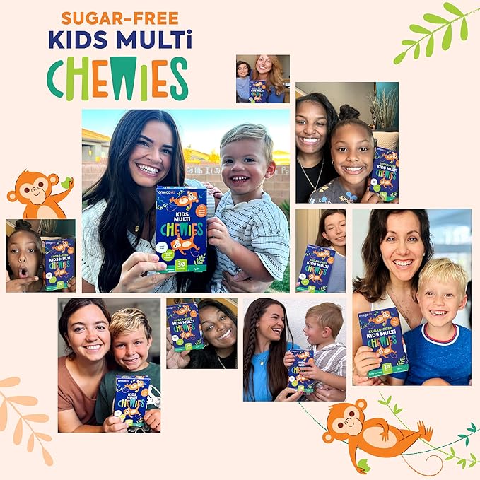 OmegaVia Sugar Free Kids Multivitamin Chewies - Daily Chewable Gummy Vitamins for Kids 3+, Vitamin A, C, D3, E, B6 & B12, Folate & More, Natural Orange Flavor, 30 Count