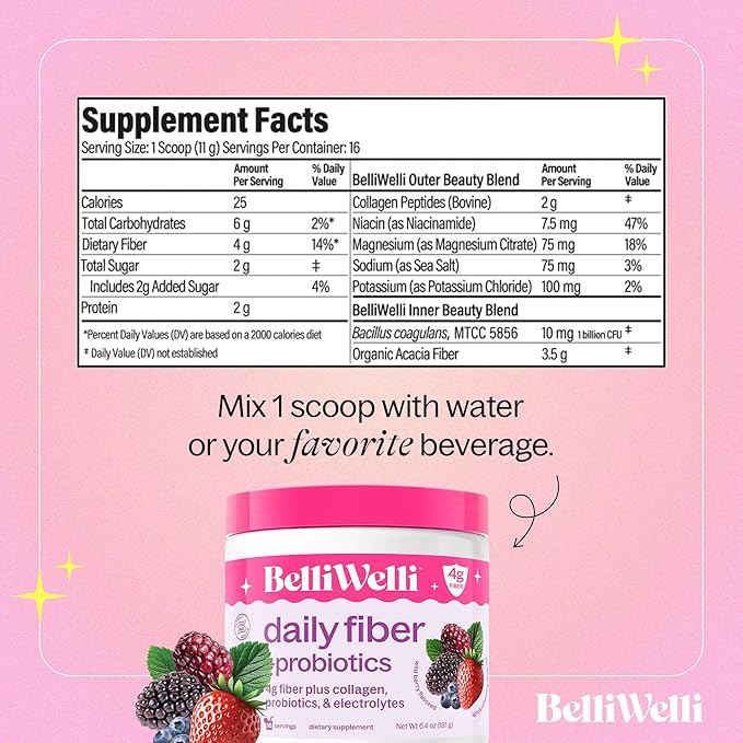 Daily Fiber Supplement Powder with Collagen, Probiotics & Electrolytes | Supports Digestive Health, Gut Balance & Debloating | Wild Berry | 16 Servings