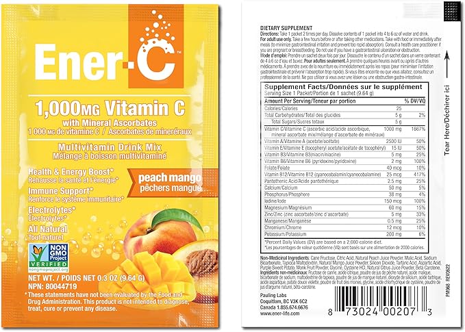 Ener-C Peach Mango Multivitamin Drink Mix Powder Vitamin C 1000mg & Electrolytes with Real Fruit Juice Natural Energy & Immune Support for Women & Men - Non-GMO Vegan & Gluten Free - 60 Count