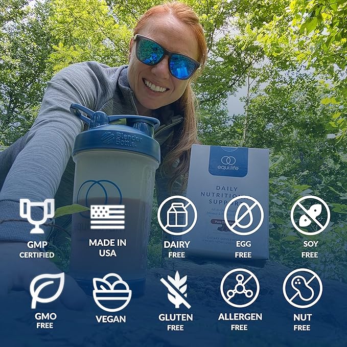 Equilife - Daily Nutritional Support, Organic and Plant Based Protein Powder, All-in-one Multivitamin, Boost Energy and Mood, Gut-Cleansing Aid and Skin Health (Pure Chocolate,14 Servings Packets)