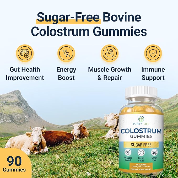 Sugar-Free Colostrum Gummies (1500mg) Bovine Colostrum for Humans, Grass-Fed Colostrum Supplement for Gut Health, Leaky Gut Repair, Immune Support, Skin Health - 35% IgG Per Serving