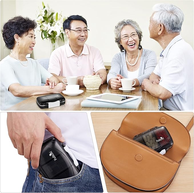 Fullicon Portable Pill Organizer Weekly, Small Travel Pill Case with 7 Compartment, Moistureproof and Airtight Pill Box, Travel Pill Holder for Vitamins/Fish Oils/Supplements