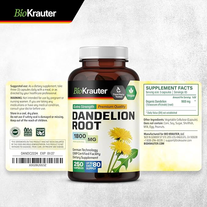 BIO KRAUTER Dandelion Root Capsules - 1800 mg Strength - 250 Count - Dandelion Root Supplement - Vegan Dandelion Powder Capsules for Digestion, Liver Support, Cleansing and Immunity