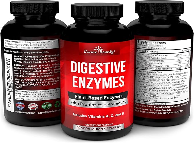 Digestive Enzymes with Probiotics & Prebiotics - Digestive Enzyme Supplements w Lipase, Amylase, Bromelain - Support a Healthy Digestive Tract for Men and Women – 90 Vegetarian Capsules