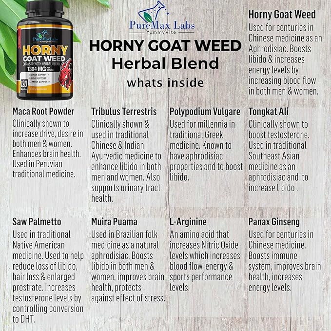 Horny Goat Weed Extra Strength Blend, 120 Capsules, w. Maca, Arginine, Ginseng, Tribulus, Tongkat, Libido, Stamina, Energy Support, Non-GMO Formula, 120 Caps