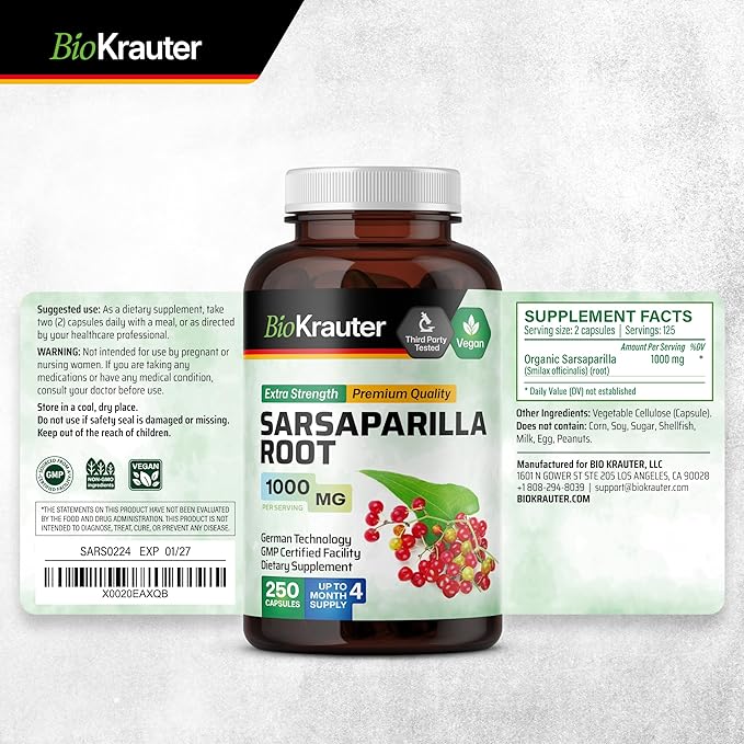 BIO KRAUTER Sarsaparilla Root Capsules - 1000 mg Pure Sarsaparilla Extract Capsules - 250 Vegan Sarsaparilla Root Powder Caps - Sarsaparilla Herb Supplement