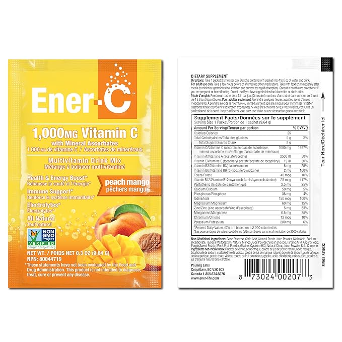 Ener-C Peach Mango Multivitamin Drink Mix Powder Vitamin C 1000mg & Electrolytes with Real Fruit Juice Natural Energy & Immune Support for Women & Men - Non-GMO Vegan & Gluten Free - 30 Count