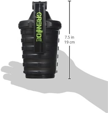Grenade Shaker Bottle | Protein Cup with Storage Compartment | Leak Proof Strainer Included | BPA Free Sports Bottle | Pill Slots | Black, 20oz