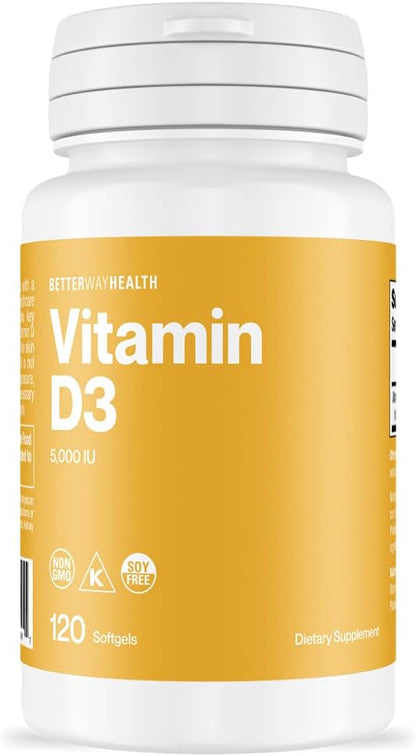Better Way Health Vitamin D3-5,000 IU Softgel - High Potency Formula, Supports Bone Health & Immune System - 120 Softgels of Vitamin D3 - Non-GMO, Dairy Free