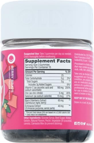 OLLY Immunity Gummy, Immune Support, Elderberry, Zinc, Vitamin C, Supplement, Berry Flavor, 15 Day Supply - 45 Count