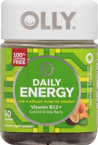 OLLY Daily Energy Gummy, Caffeine Free, Vitamin B12, CoQ10, Goji Berry, Adult Chewable Supplement, Tropical Flavor - 60 Count