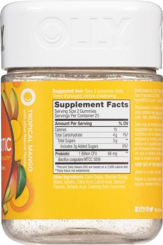 OLLY Probiotic Gummy, Immune and Digestive Support, 1 Billion CFUs, Chewable Probiotic Supplement, Mango, 25 Day Supply - 50 Count