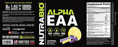 NutraBio Alpha EAA Hydration and Recovery Supplement - Full Spectrum EAA BCAA Matrix with Electrolytes, Nootropics, Coconut Water - Recovery, Energy, Focus, & Hydration Supplement (Blueberry Lemonade)