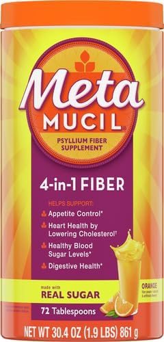Metamucil Fiber, 4-in-1 Psyllium Fiber Supplement Powder with Real Sugar, Orange Smooth Flavored Drink, 72 Servings (Packaging May Vary), Coarse Texture, 1.9 Pound (Pack of 2)