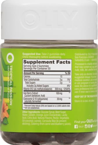 OLLY Daily Energy Gummy, Caffeine Free, Vitamin B12, CoQ10, Goji Berry, Adult Chewable Supplement, Tropical Flavor - 60 Count