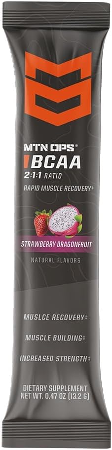 MTN OPS BCAA 2:1:1 Amino Acids Supplement Powder for Rapid Muscle Recovery & Repair with Zero Sugar & Gluten Free, 30 Servings (Strawberry Dragonfruit Trail Packs)