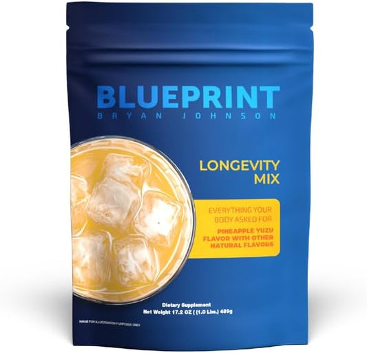 Blueprint Bryan Johnson Longevity Mix - Muscle Builder & Recovery Supplement - Promotes Focus and Stress Relief - Creatine, Ashwagandha, L-Theanine, Calcium - Vegan, Keto Friendly (Pineapple Yuzu)