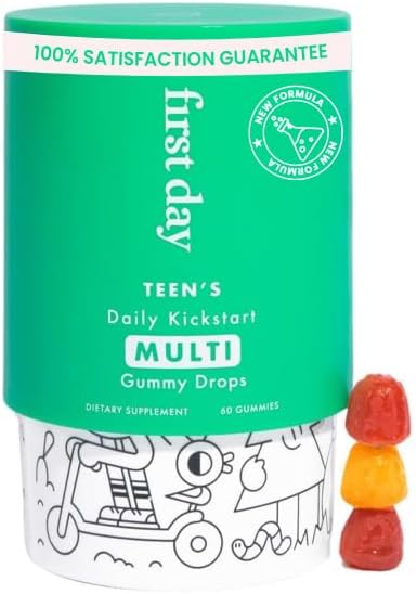 FIRST DAY Teens Daily Kickstart Multivitamin Gummies for Ages 14+ – Vitamins A, B1, B2, B6, E, B12, C, D3 & K2 + Zinc & Folate – Made w/Organic Fruits & Veggies, Only 2g Sugar – 30 Day Supply