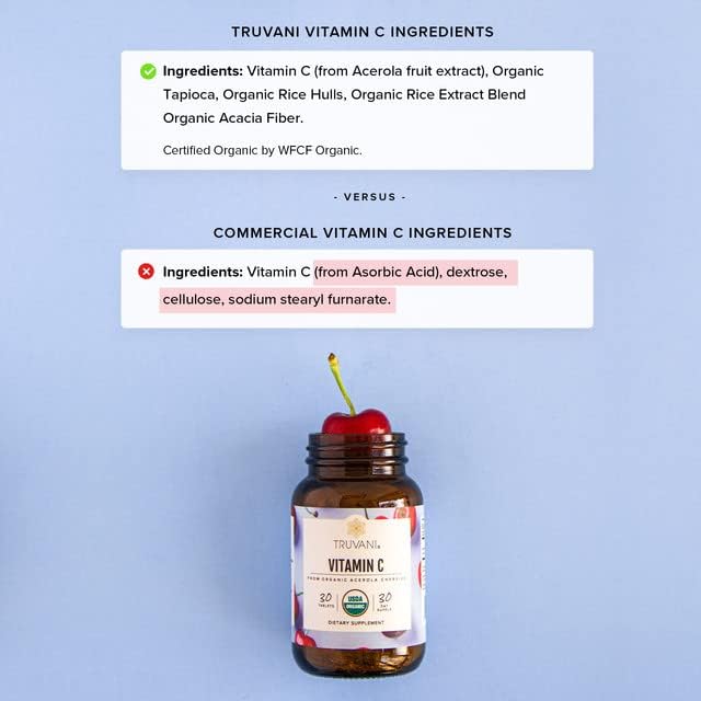 Truvani Vitamin C | USDA Organic | High Absorption, Antioxidant Supplement, Higher Bioavailability Immune System Support | Made with Real Food | 30 Servings
