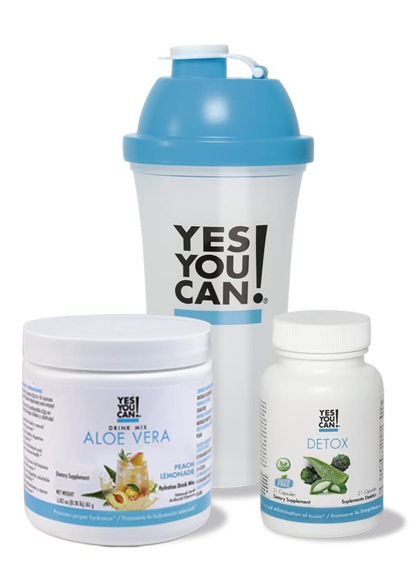 Yes You Can! Detox Kit- Includes Detox YYC! 1 Capsules Bottle, 1 Aloe Vera Drink Mix, & 1 Water Bottle, Body Cleanse Kit, Daily Cleanse and Proper Hydration with Vitamins - (Peach Lemonade)