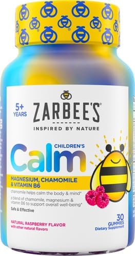 Zarbee's Children's Calm Gummy, Supports a Calm Mind & Body for Kids Ages 5+, Made with Magnesium, Chamomile & Vitamin B6, Natural Raspberry Flavor, 30 Count Gummies