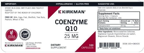 Kirkman Coenzyme Q10 25 mg - Hypoallergenic || 100 Vegetarian Capsules || CoQ10 || Supports Immune System || Gluten and Casein Free || Capsules are Plant Based