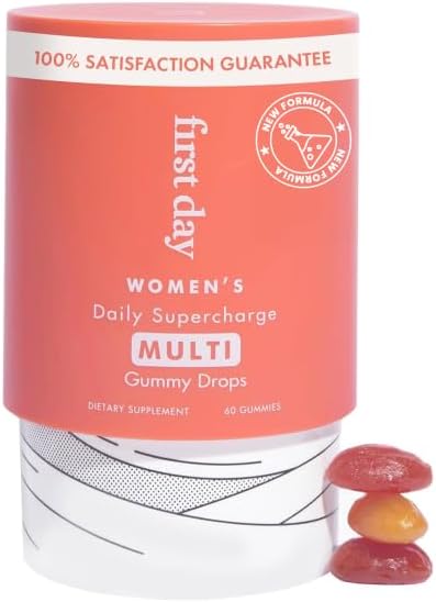 FIRST DAY Women’s Daily Supercharge Multivitamin Gummies – Vitamins A, B1, B6, B12, C, D3, E & K + Magnesium, Zinc, Biotin – Made w/Organic Fruits & Veggies, Only 2g Sugar – 30 Day Supply