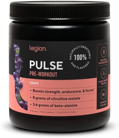 LEGION- All Natural Nitric Oxide Preworkout Drink to Boost Energy, Creatine Free, Naturally Sweetened, Beta Alanine, Citrulline, Alpha GPC (Grape)