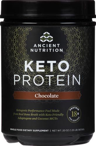 Ancient Nutrition Keto Protein Powder, KetoPROTEIN with Fats from Bone Broth and MCT Oil, Chocolate, 18g Protein 10g Fat Per Serving, Gluten Free, Low Carb, Paleo Friendly, 17 Servings