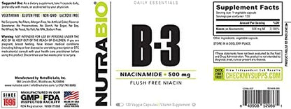 NutraBio Niacinamide Supplement for Normalized Blood Lipids, Better LDL & HDL Levels, Flush Free Vitamin B3, 500mg - 120 Vegetable Capsules