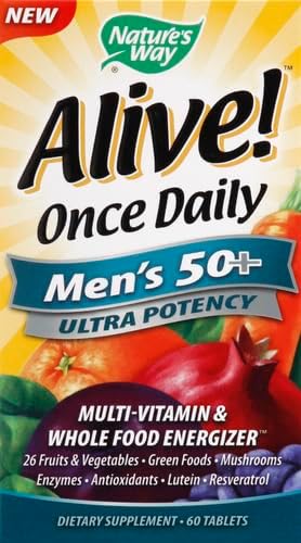 Nature's Way Alive! Men’s 50+ Daily Ultra Multivitamin, High Potency Formula, Supports Healthy Brain, Eyes & Heart*, with Methylated B12, Gluten-Free, 60 Tablets (Packaging May Vary)