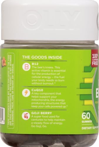 OLLY Daily Energy Gummy, Caffeine Free, Vitamin B12, CoQ10, Goji Berry, Adult Chewable Supplement, Tropical Flavor - 60 Count