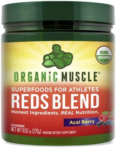Organic Muscle Super Reds Powder - Organic Greens and Reds Superfood Powder with Organic Acai Berry, Pomegranate & Cranberry for Natural Energy & Metabolism Boost - Vegan & Non-GMO, 30 Servings