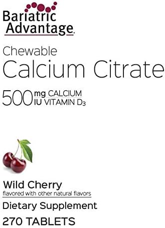 Bariatric Advantage Calcium Citrate Chewable 500mg with Vitamin D3 for Bariatric Surgery Patients Including Gastric Bypass and Sleeve Gastrectomy, Low Sugar - Wild Cherry Flavor, 270 Count