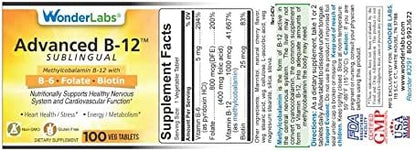 Sublingual Vitamin B12 (1000 mcg), B6 (5mg), Folic Acid(400 mcg) & Biotin (25mcg) - Formulated with Methylcobalamin Vitamin B-12 (100 Tablets)