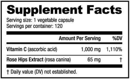 NutraBio Vitamin C with Rose HIPS - Supports Healthy Bones, Teeth and Gums, Immune Function - No Fillers or Excipients - (120 Capsules, 1000mg of Vitamin C per Capsule)