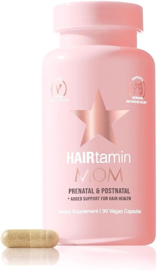 HAIRtamin MOM Vegan Prenatal & Postnatal Multivitamin Supplement & Hair Vitamin Pregnancy, Postpartum, Breastfeeding Probiotic One-a-Day Hair Vitamins with Biotin, Zinc, Iron (30 Counts)