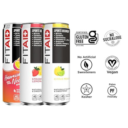 LIFEAID FITAID Workout Recovery Blend, Variety Pack, BCAAs, Glucosamine, Full B Complex, Electrolytes, Omega-3s, 100% Clean, Vegan, Naturally Sweetened & Flavored, 12-oz. cans (Pack of 24)