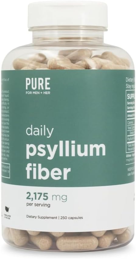 Pure for Men Daily Psyllium Husk Fiber Supplement Pure for Her | Digestive Regularity & Gut Health Support | Soluble Fiber Powder, 2,175mg Per Serving | 250 Capsules