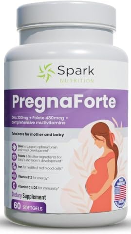Pregnaforte 1 a day Prenatal vitamins for women 2 month: Folic acid, Fish Oil Omega 3 DHA/EPA, Vitamin D3, B6, Vitmain B12, C, E, Calcium, Iron, Magnesium, Zinc supplement FSA HSA eligble multivitamin