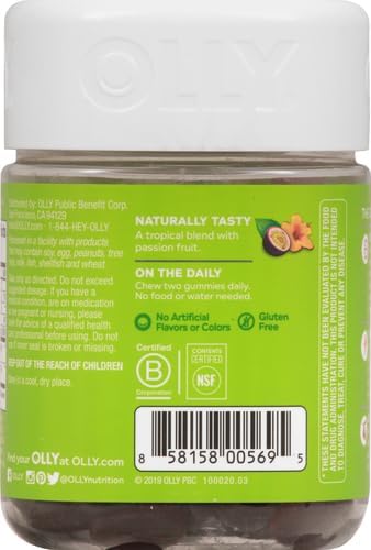 OLLY Daily Energy Gummy, Caffeine Free, Vitamin B12, CoQ10, Goji Berry, Adult Chewable Supplement, Tropical Flavor - 60 Count
