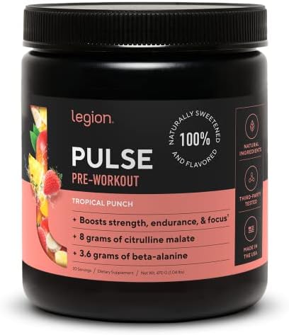 LEGION- All Natural Nitric Oxide Preworkout Drink to Boost Energy, Creatine Free, Naturally Sweetened, Beta Alanine, Citrulline, Alpha GPC (Tropical Punch)