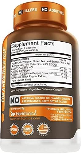 Herbtonics Thermogenic Supplement | Metabolic Health & GLP-1 Support for Men & Women | Clean Energy & Mental Focus | ACV, Green Tea Extract & Caffeine | 120 Veg Capsules