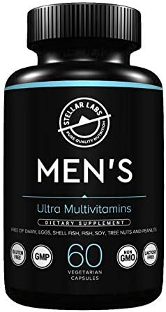 Stellar Labs Men's Low FODMAP Vegan Daily Multivitamin, No Iron | Easy On Sensitive Stomachs, Easy to Swallow Vitamins | Immune Support, Antioxidant Energy Blend, Male Support | IBS Friendly Capsules