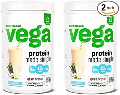 Vega Protein Made Simple Protein Powder, Vanilla - Stevia Free, Vegan, Plant Based, Healthy, Gluten Free, Pea Protein for Women and Men, 9.2 oz (Packaging May Vary) (Pack of 2)