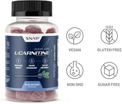 Sugar Free L Carnitine 500mg Gummy - Natural Pre Workout L-Carnitine Supplement - Increased Energy, Faster Recovery, Boost Metabolism, Pre Workout for Women & Men, Blueberry Flavor (60 Gummies)